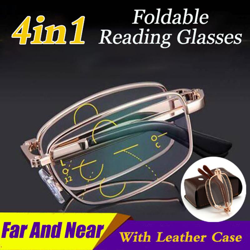 

Collapsible High Quality Anti-blue Light Bifocal Reading Glasses Men Women Collapsible Metal Lenses Farsightedness Diopter +100 золотой
