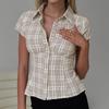 European and American college style plaid contrasting colors, waist and thin design lapel simple and versatile short-sleeved shirt and top new