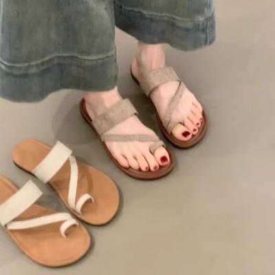 Soft Leather Version~ Outer Wear Cover Toe Cool Slippers Women's Ins Wind Bohemian with Skirt Flat Bottom Simple One-word Slippers Summer