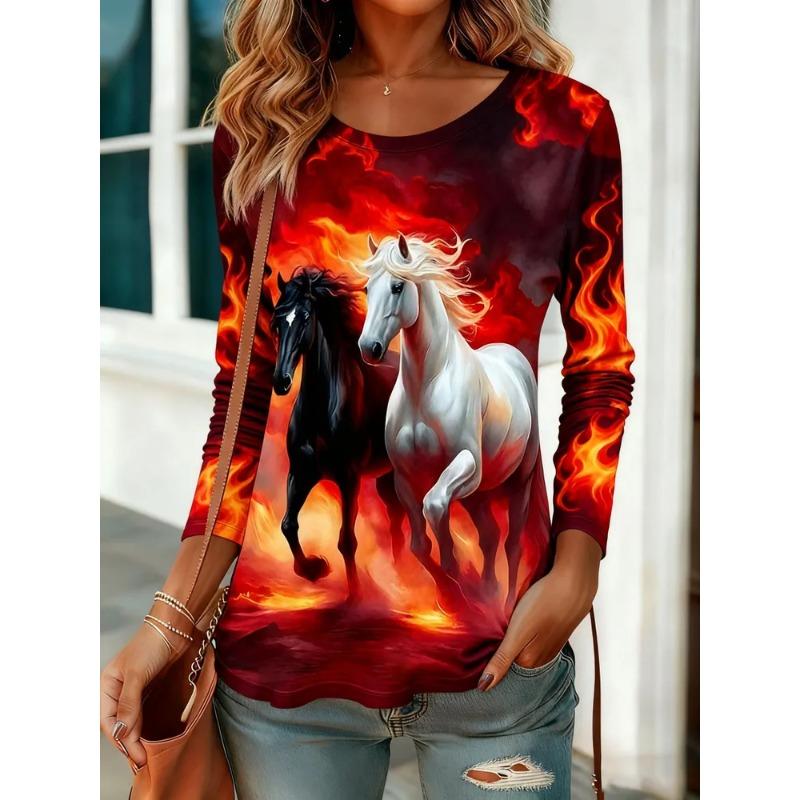 Women's 3D Printed Crew Neck Long Sleeve T-Shirt Fashion Versatile Trend Breathable Casual