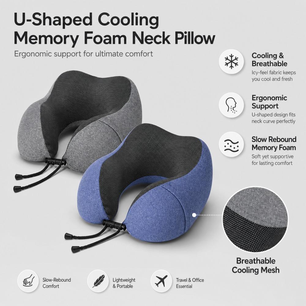 Cationic Cool Feeling U-shaped Pillow, Slow Rebound Memory Foam Neck Support Travel Pillow for Office Nap