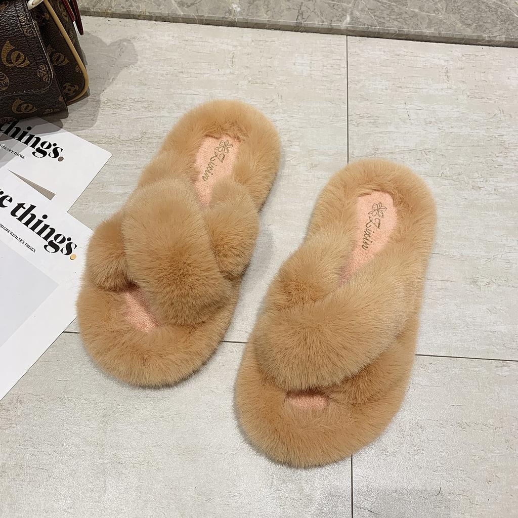 Mao Mao slippers women's 2025 autumn new cross thick-bottomed imitation rabbit fur flat-bottomed casual outer wear one-word home slippers