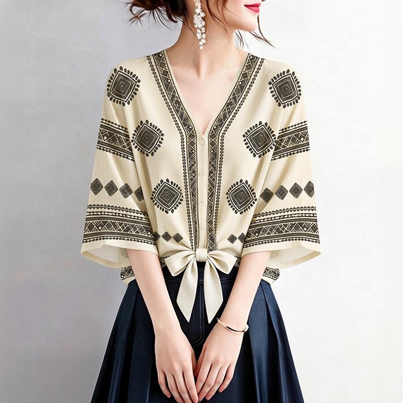 ZANZEA Women Casual V-Neck Geometry Print Loose Half Sleeve Blouse M абрикосовый