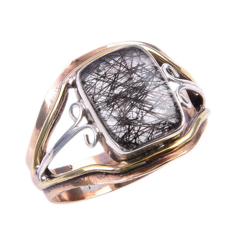 Natural Black Rutile Gemstone 925 Sterling Silver TwoTone Gift Ring S.10 d3Z57