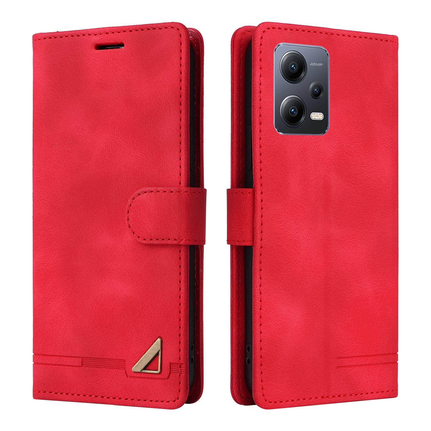 

007 Series For Xiaomi Redmi Note 12 5G (Global)/(India)/(China)/Poco X5 5G Leather Skin-touch Phone Case Anti-drop Stand Wallet Cover Red