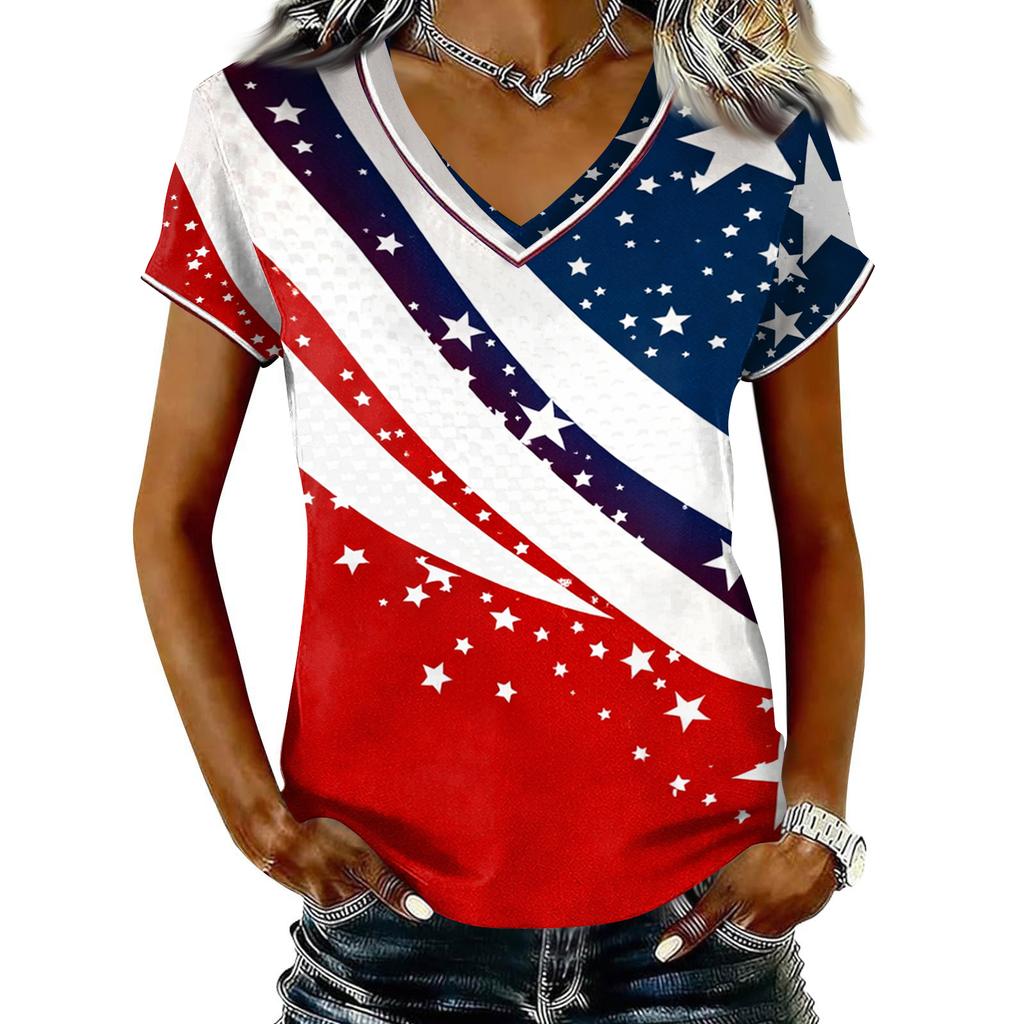Women V Neck Short Sleeve Pullover T Shirt with Printed Star Pattern Casual Loose Fit Top for Everyday Wear
