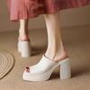 2025 Women Genuine  Shoes Peep Toe Platform Chunky High Heel Slides Ladies Fashion Casual Slippers Summer Spring Brown
