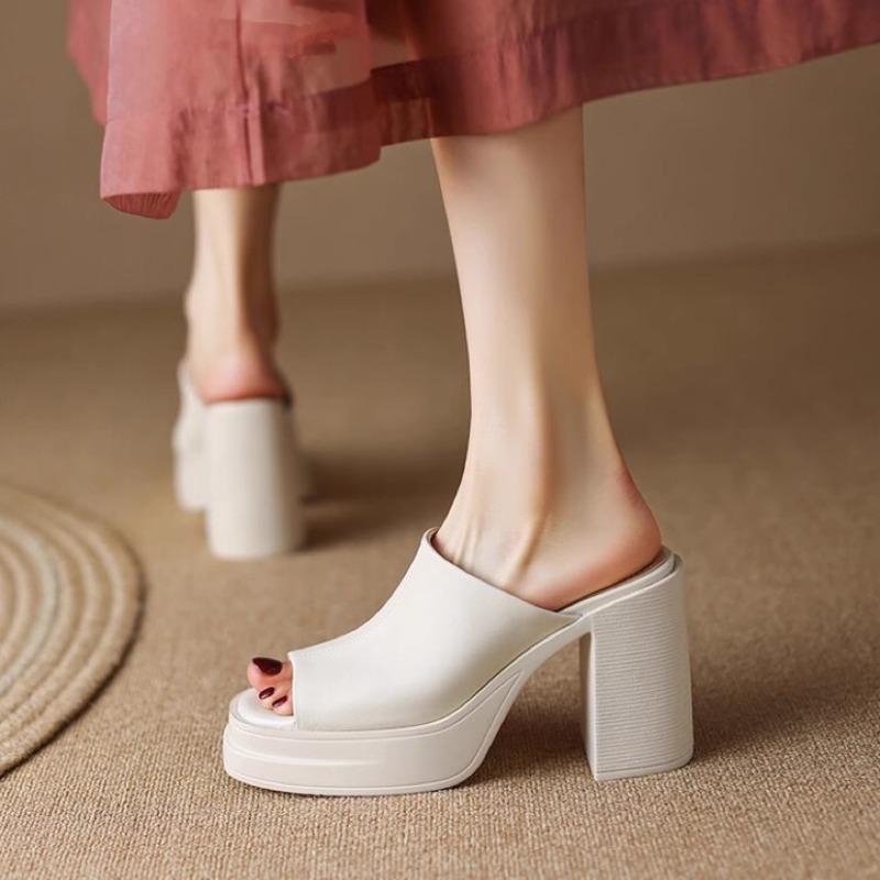 2025 Women Genuine  Shoes Peep Toe Platform Chunky High Heel Slides Ladies Fashion Casual Slippers Summer Spring Brown