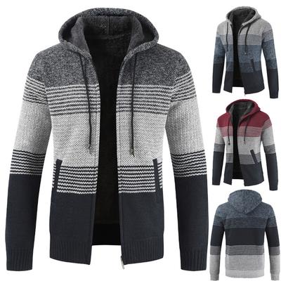 Western hommes Gentleman couleur bloc rayures poches Zip épais chaud polaire manteau tricoté veste