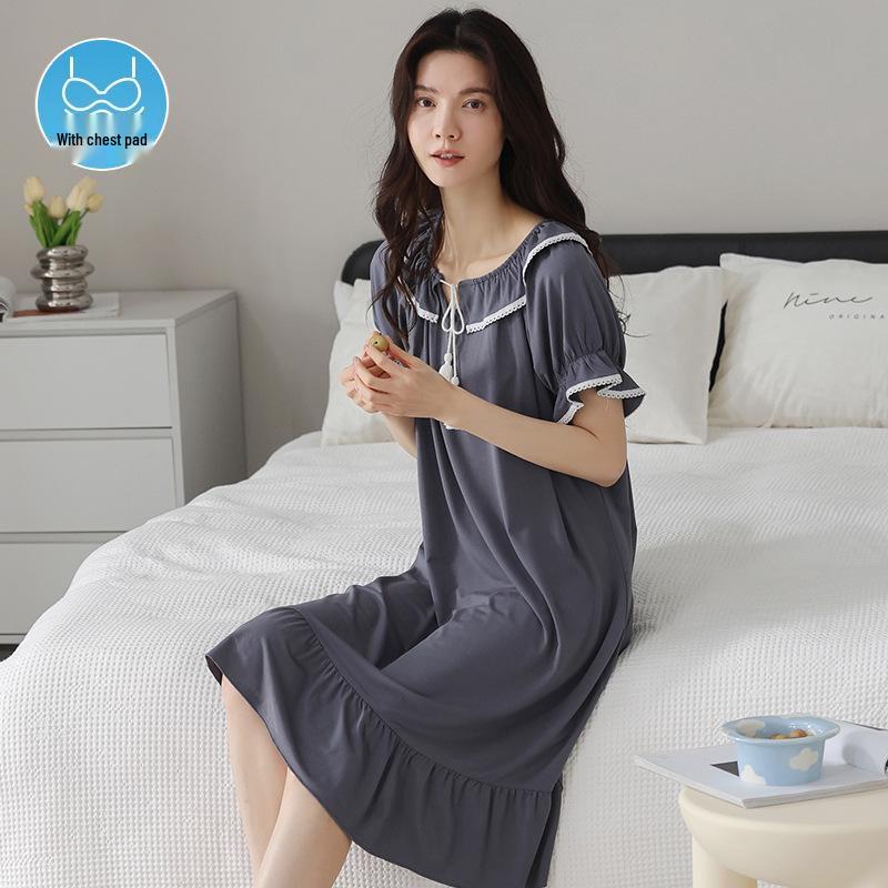 Women's Court Style Cotton Silk Nightgown with Built-In Bra Pads, French Large Size Summer Pajama Dress