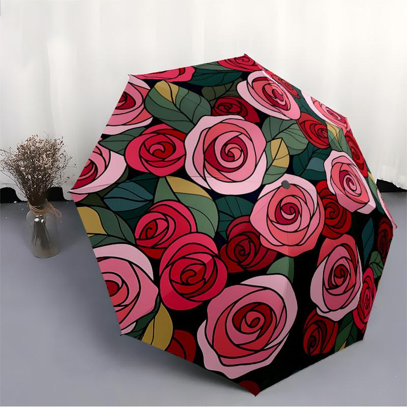 1pc Roses Pattern Folding Umbrella With Excellent UV Protection, 8 Ribs Casual Durable Lightweight Portable Travelling Umbrella For Men & Wo