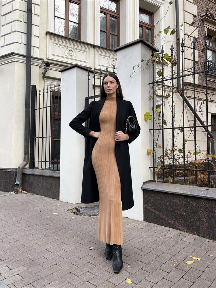 Turtleneck Knitted Women Dresses Sexy Solid High Waist Hip Package Lady Dress Elegant Long Sleeve Slim Female Vestidos