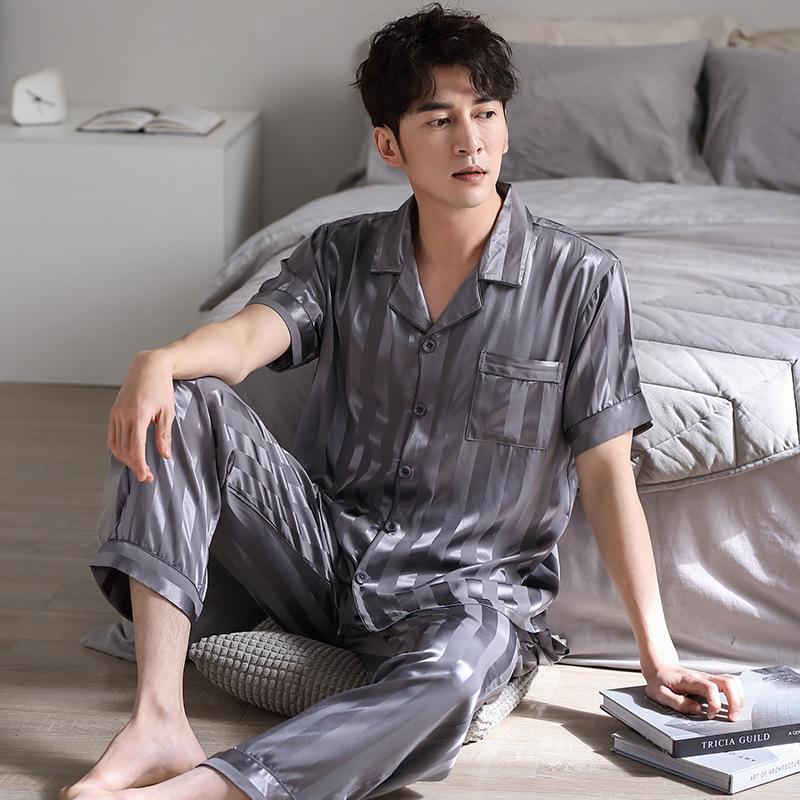 Men's pajamas, ice silk summer thin short-sleeved trousers set, young men's summer large-size loose loungewear set