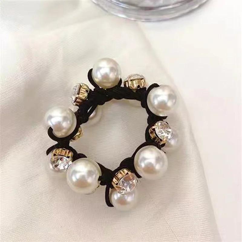 1PC-3pcs Paux Pearl Brimmed Hair Tie Glitter Rhinestone Decor Hair Rope Retro Style Scrunchies For Women