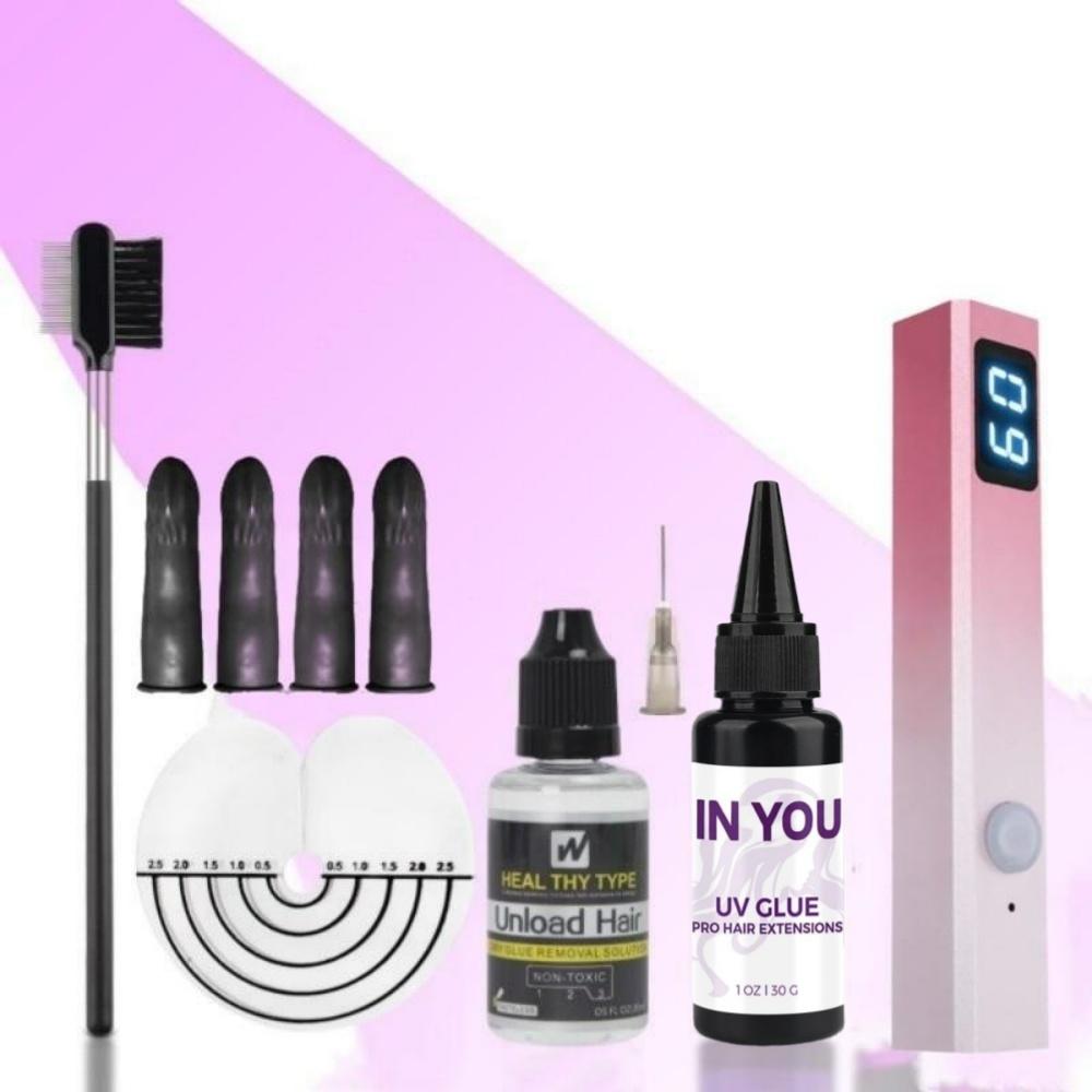 

Pro UV Hair Extension Kit with Fast-Curing Glue, Remover & Heat-Resistant Lamp for Salon & DIY Use A Set