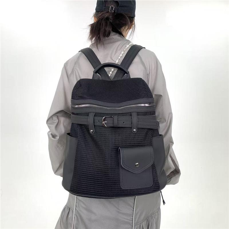 Y2K Street Ladies Buckle Decorative Backpack Large Capacity Retro Splicing Personalized Shoulder Bag Standard