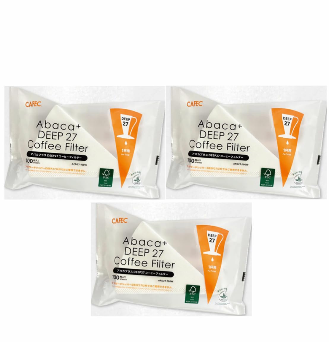 

DEEP27 Dripper for Deep27, Sanyo Industries AFD27-100W, 3-Pack Set, Abaca Plus DEEP27 Coffee Filters (Single Cup), 100 Filters, CAFEC, Made in Japan