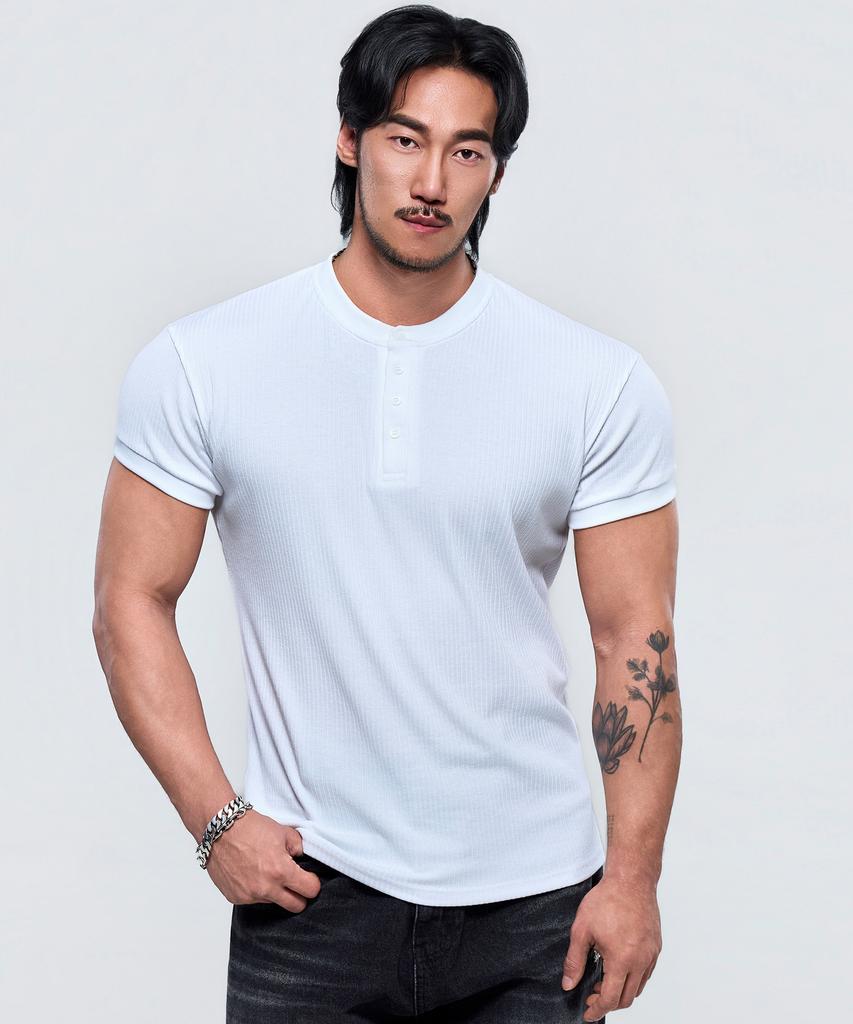 Pijikeolgameoncheu P2639 Henley Neck Muscle Fit Ribbed Short Sleeve [3 Colors]