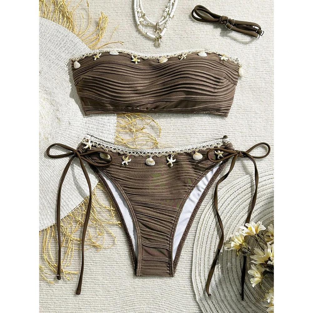 XS - XL Bandeau Wrinkled High Cut Bikini Women Swimwear Female Swimsuit Two-pieces Bikini Set Shell Bather Bathing Suit Swim