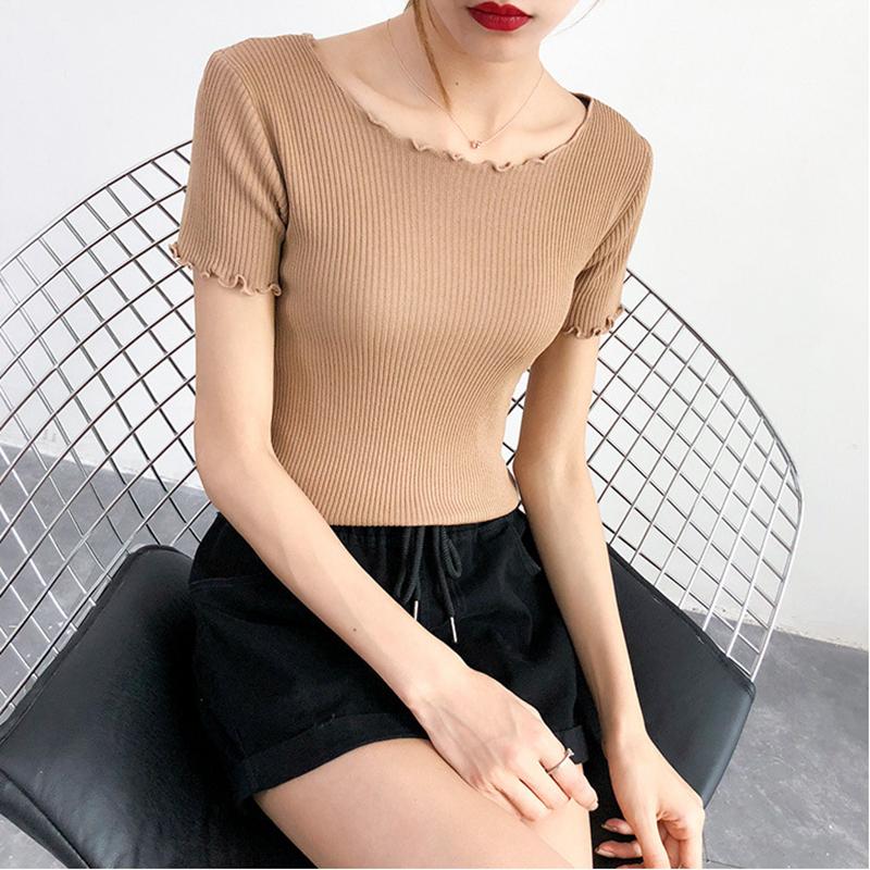 Dámské Léto Pletené Ledové Hedvábné Trička Topy Krátký rukáv Tenký Plísňový Listový Límec Vysoký Pas Jednobarevná Studená