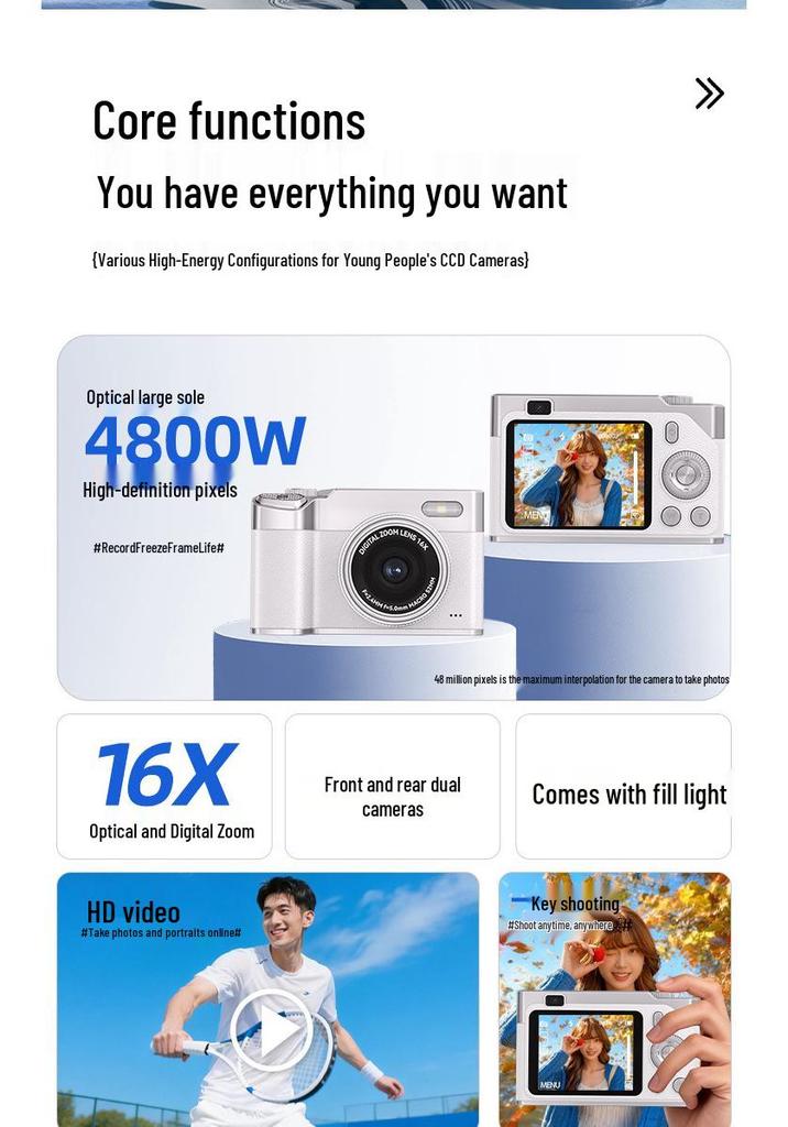Campus Vlog High-Pixel Dual-Lens Camera with 16X Zoom and HD Video Recording