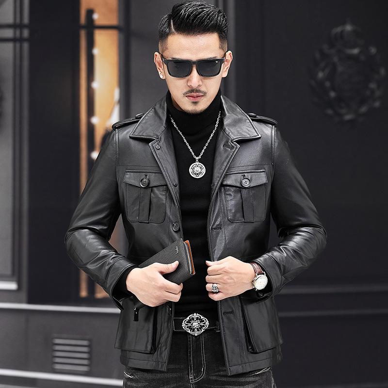 Autumn and Winter New Hunting Suit Genuine Leather Jacket for Men, First-layer Cowhide, Middle-aged Dad's Lapel Jacket