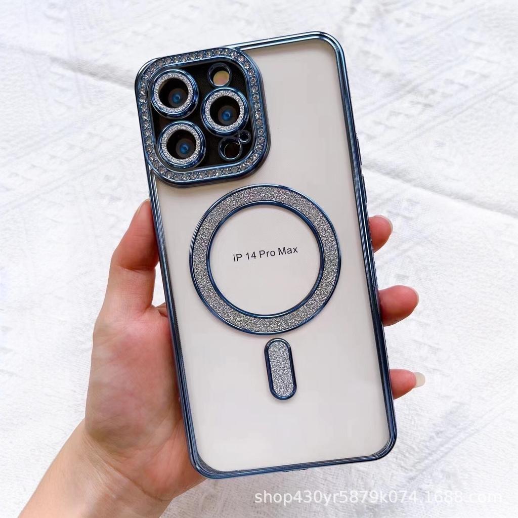 Anwendbar auf Apple IPhone 15 Seite Diamant Magnetische Saug Handyhülle Gold Integrierter Glitzer Versiegeltes Kamera Diamant Etui