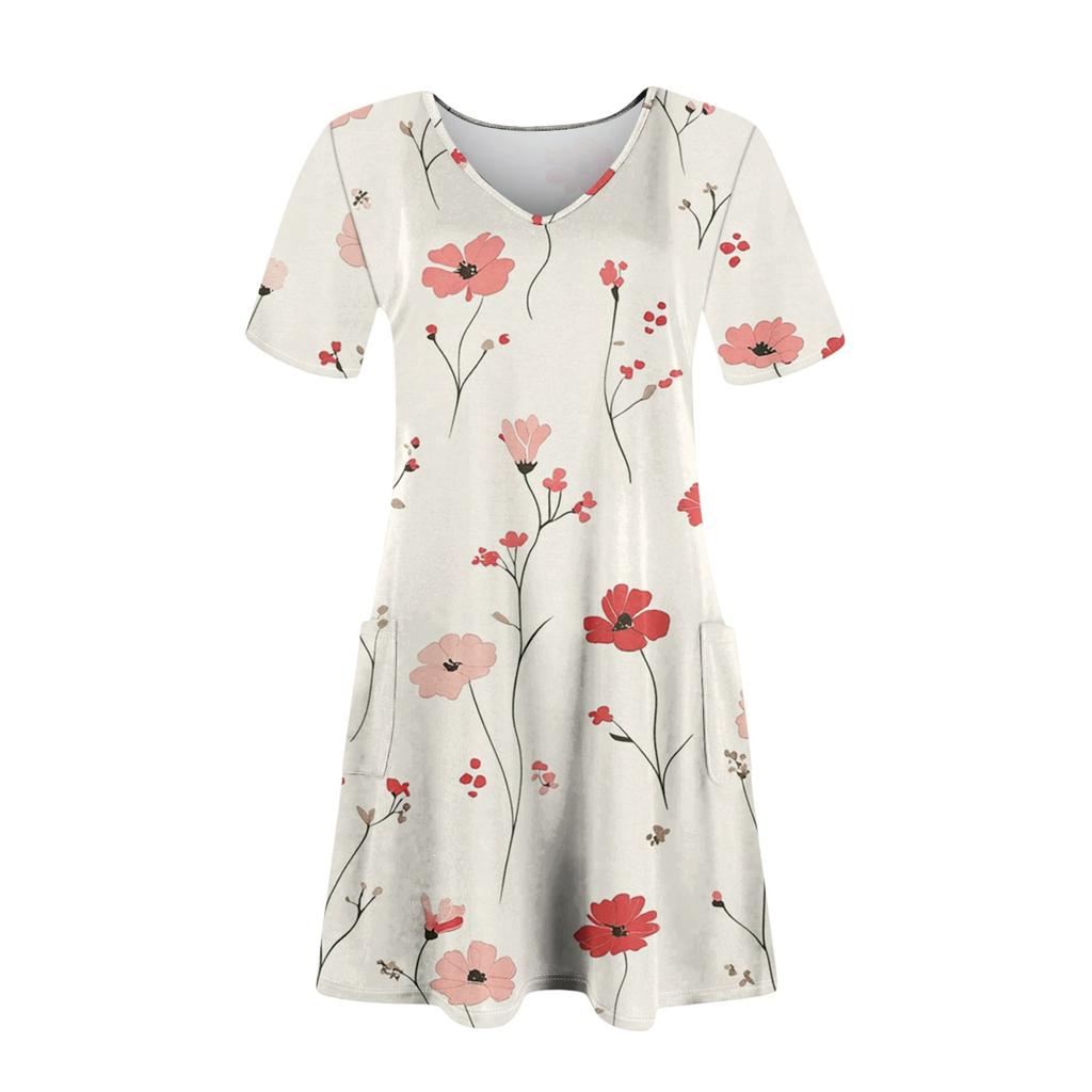 Women's Summer V-neck Casual Beach Dress Short Sleeve Floral Print Dress