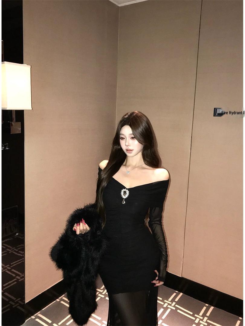 Elegant Mature Women s One-Shoulder Mesh Long-Sleeve Slim Fit Formal Dress 2026 M чёрный