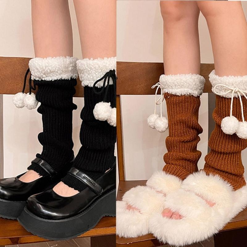 Lolitas Leg Warmers for Women Girls White Ball Knitted Leg Sleeves Winter Warm Ankle Heap Socks JK Uniform Foot Cover