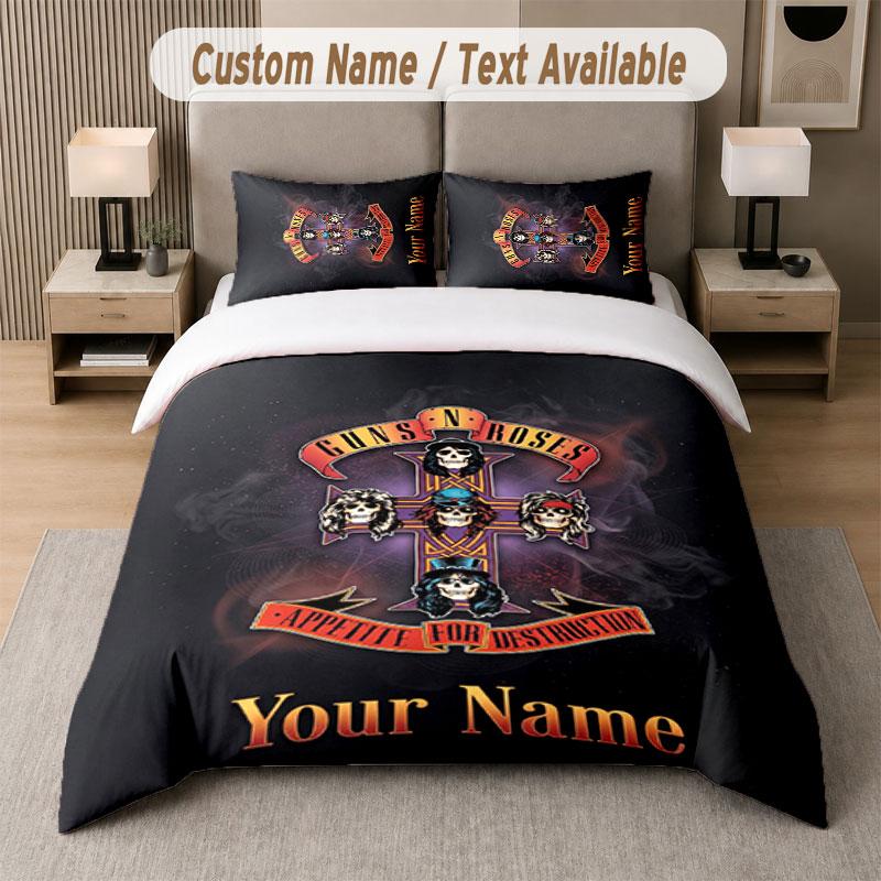 Custom Bedding Set Guns N’ Roses Pattern, Print Name Text 1 Duvet Cover plus 2 Pillowcases Home Textile