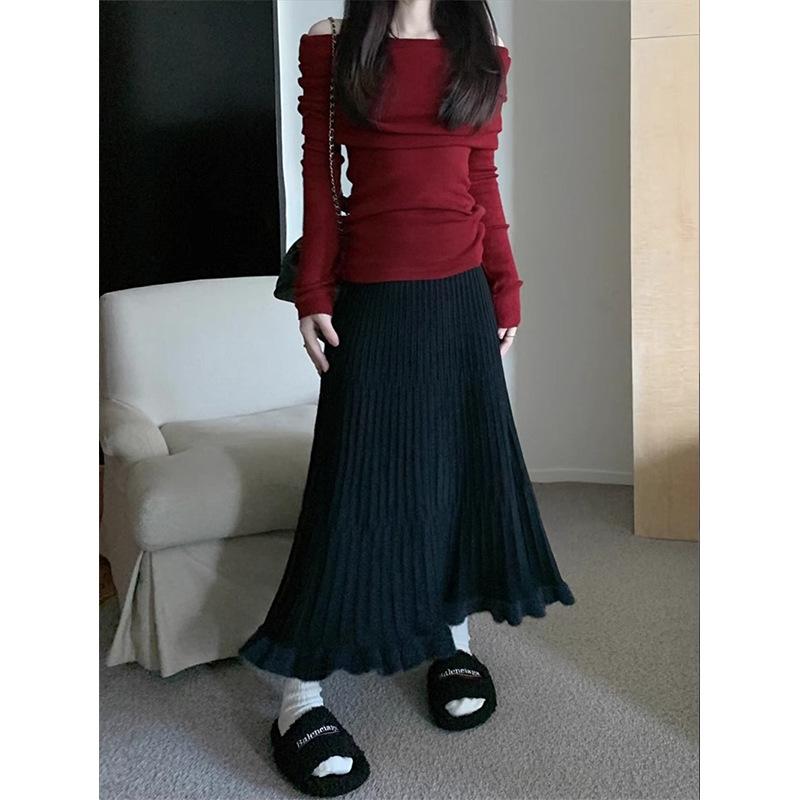 

Новая вязаная юбка для женщин с высокой талией, свободными бедрами и узкой шерстяной юбкой средней длины, плиссированная юбка для женщин XL чёрный