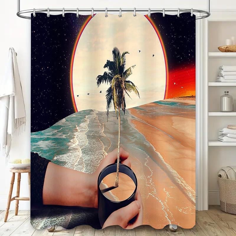 Tropical Ocean Wave Shower Curtain Palm Tree Beach Coastal Nature Bathroom Decor Set