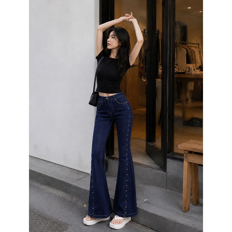 Summer high-waisted and slightly pulled jeans women's thin and high side rivet design sense retro Hong Kong style versatile trousers
