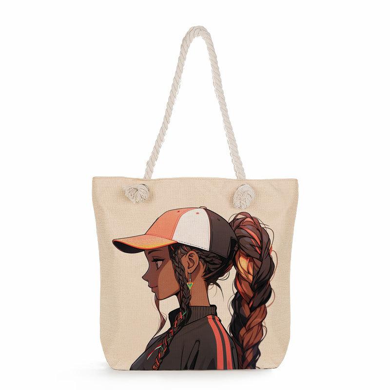 Multifunctional Black girl Printed Thick Rope Shoulder Beach Bag 7581 KTB