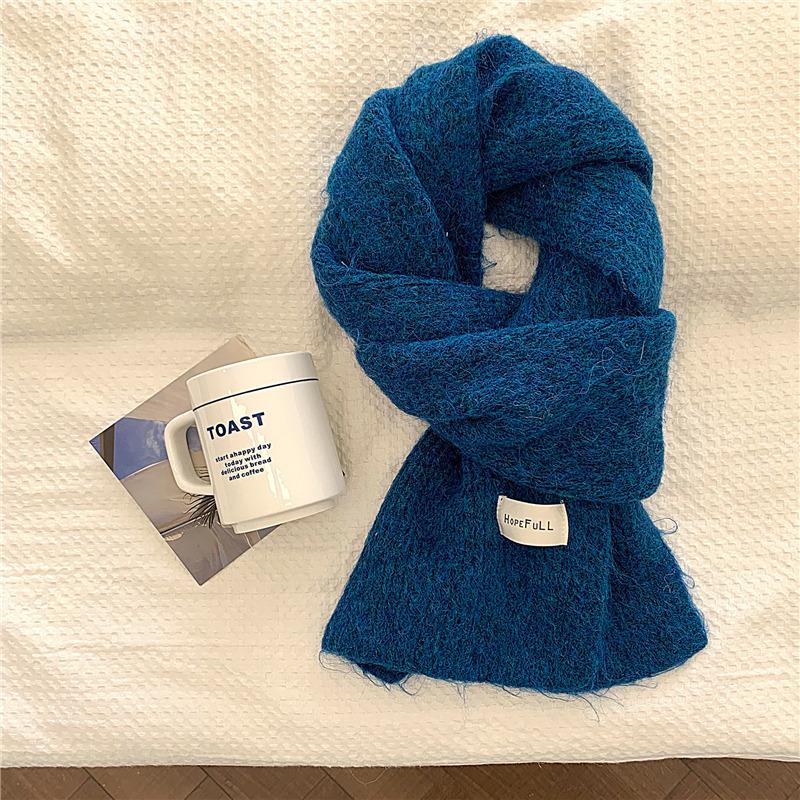 Green Knitted Scarf Women's Autumn and Winter White Korean Version Ins Solid Color New Student Warm Woolen Scarf