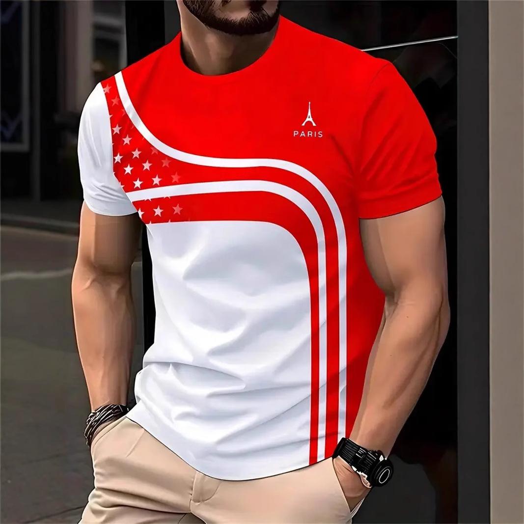 

Men s Retro Eiffel Tower Pattern T-shirt Geometric Pattern Casual Large Round Neck Short Sleeve T-shirt 6XL червоний