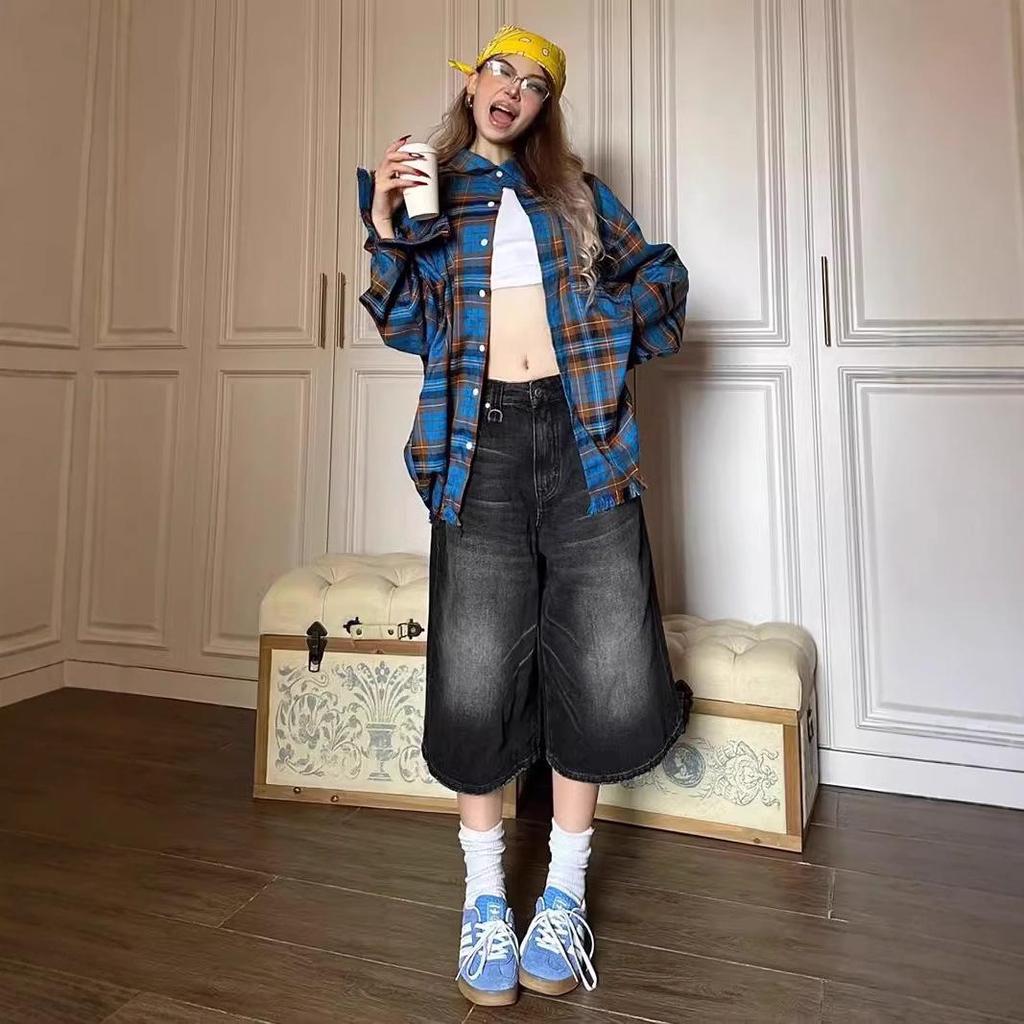 Damen American Style Retro Schwarze Denim Capri-Hosen - Sommer Locker Mittellang Fünf-Punkt Gerade Bein Übergröße Shorts