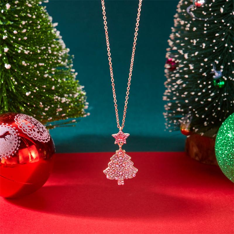 Exquisite Pink Rhinestones Christmas Tree Pendant Necklaces for Women Girl Fashion Snowflake Necklaces New Year's Jewelry Gift