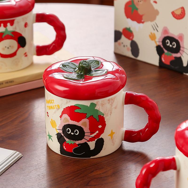 Cute persimmon mug with lid birthday gift souvenir high value coffee cup household girls ceramic cup