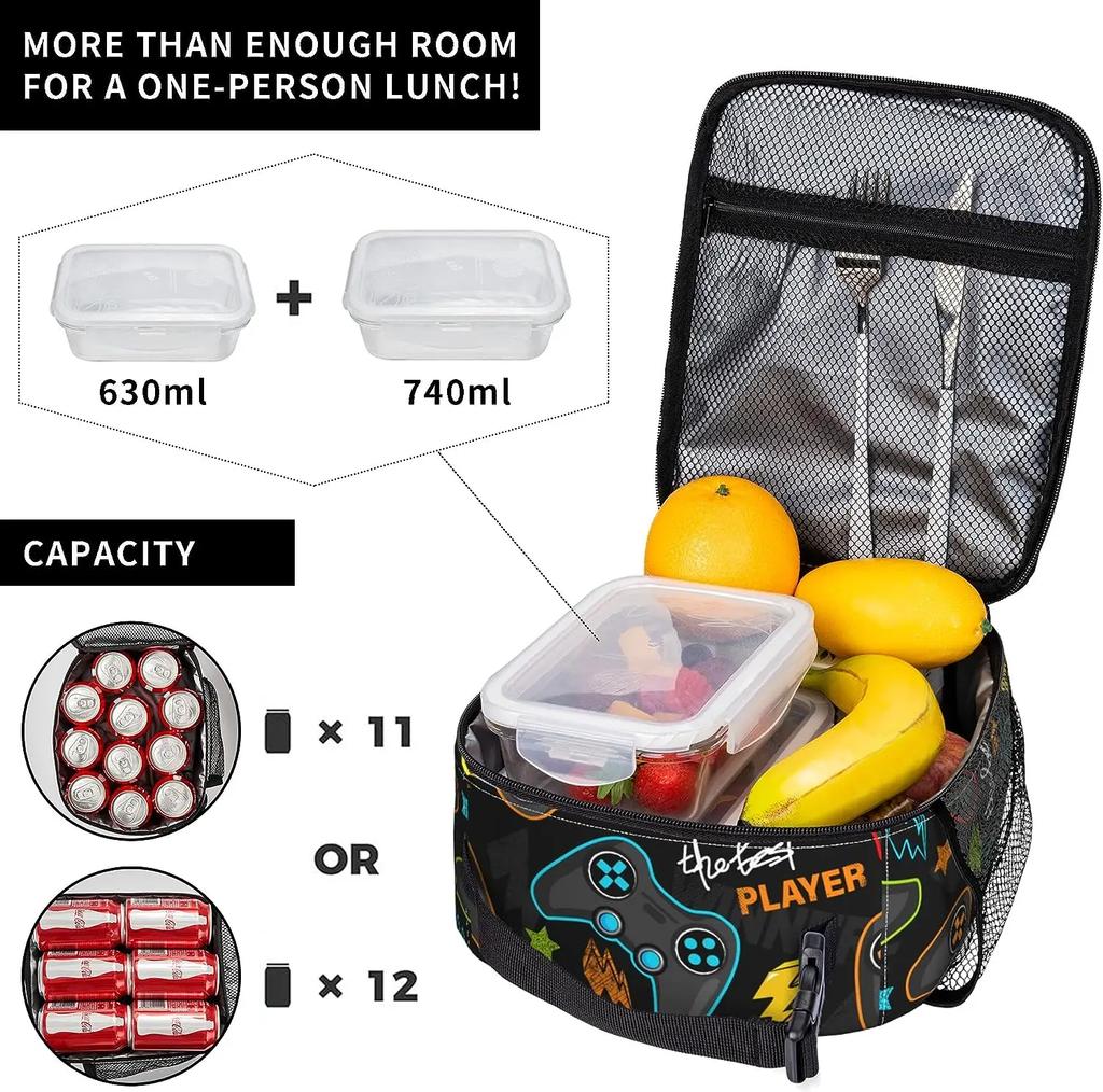 Video Game Controller Insulated Lunch Bag Reusable Lunch Box Portable Thermal Bento Tote for Adults Kids Work School Picnic
