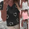 Women Hearts Print V-neck Lace Patchwork Short Sleeve T-shirt Pullover Blouse