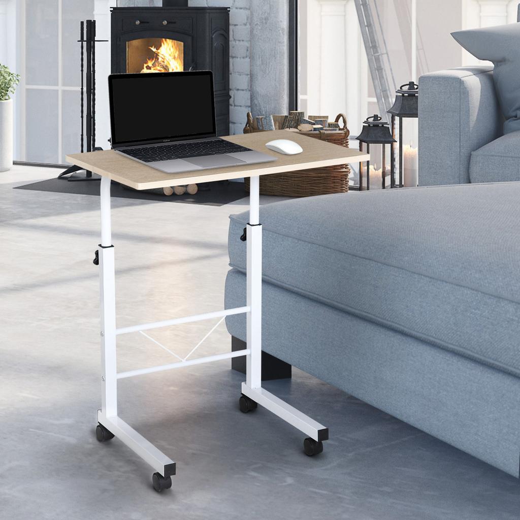 Side Table Height-Adjustable Coffee Table Mobile End Table with Wheels Locking Brakes C-Table Particleboard Steel Iron Plastic White Maple Color 60 x