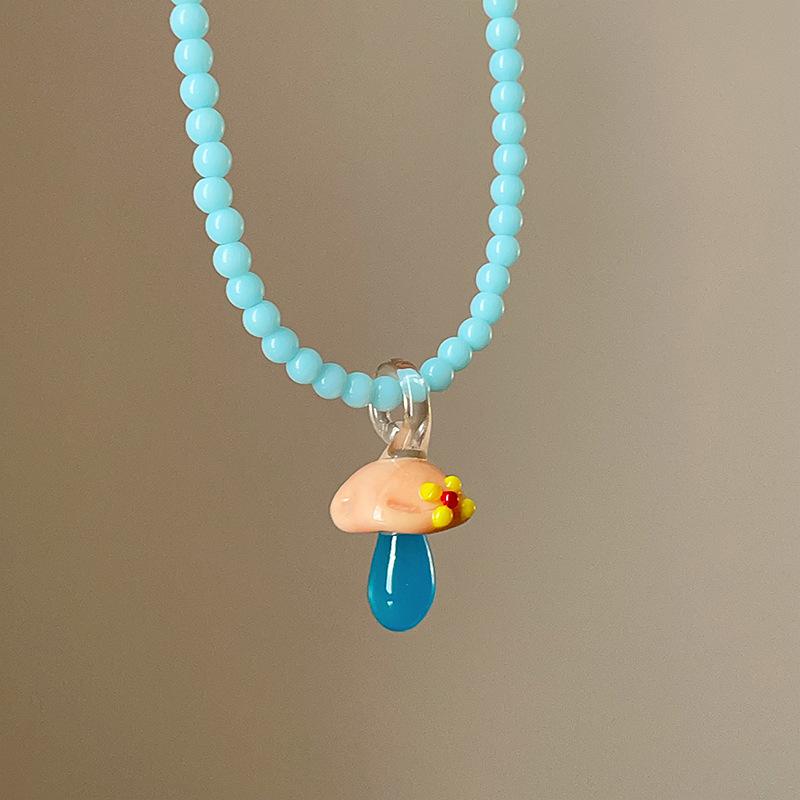 Glazed Beaded Resin Mushroom Pendant Necklace Simple Small Fresh Collarbone Chain Korean Ins Temperament Jewelry Women