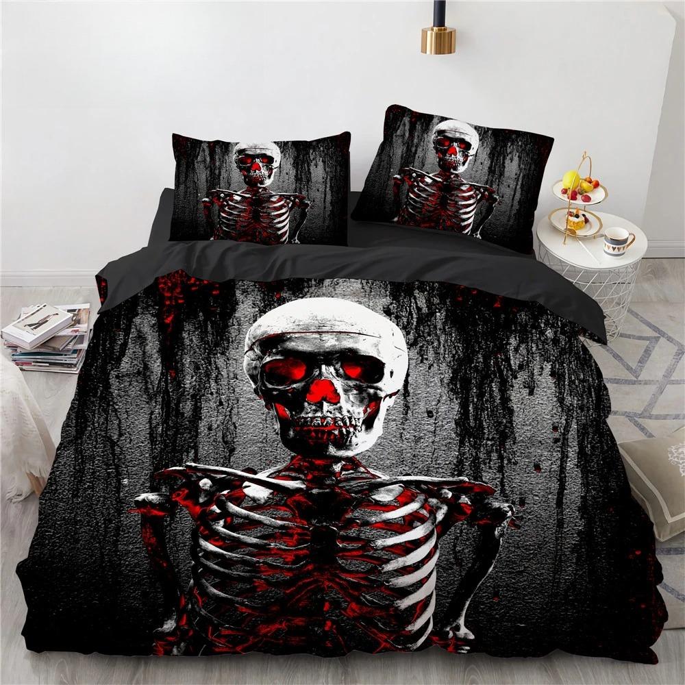 Black Hat Skull Bettwäsche-Set Queen-Size Halloween Bettbezug-Sets Moderner Stil Schlafzimmer-Bettwäsche-Set Bettdeckenbezug Kissenbezüge