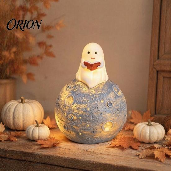 Whimsical Ghost Statue Cute Reading Book Ornament, Luminous Resin Figurine, Collectible Figurine Decor Night Light for Halloween Home Desktop