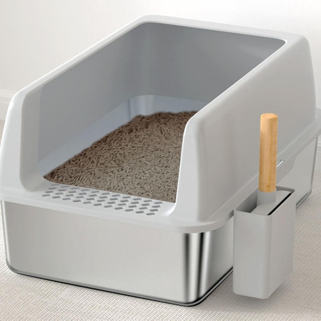 Stainless Steel Cat Litter Box Open Top Scratchproof Anti Stick Metal High Sides Litter Pan Cat Toilet with Scoop