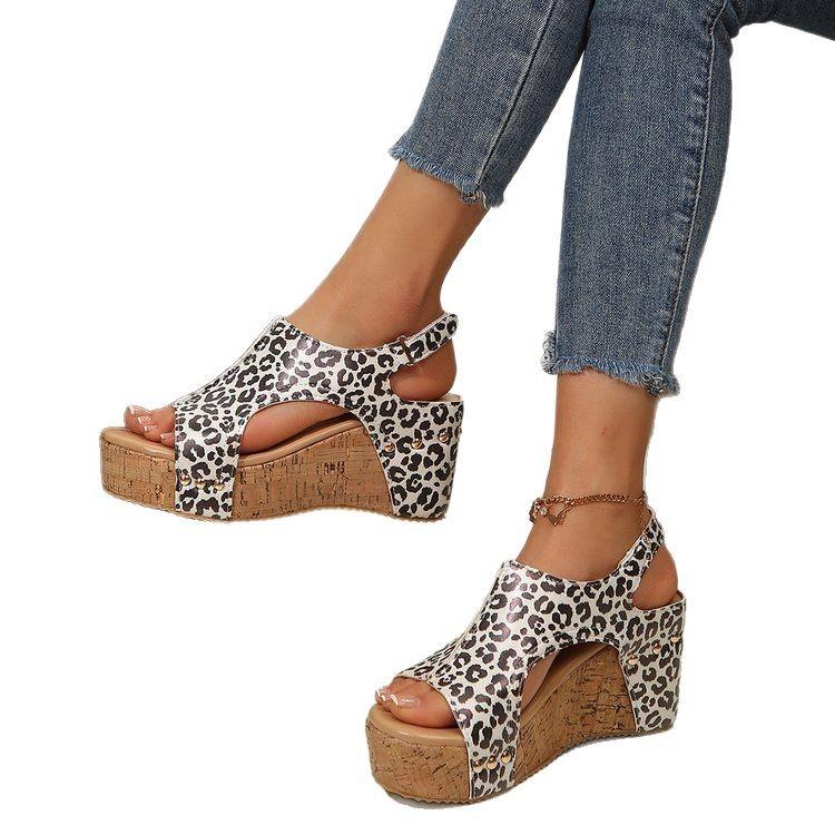 Large size thick sole heightening fish mouth leopard print beach open-toed sandals summer new Velcro women's shoes