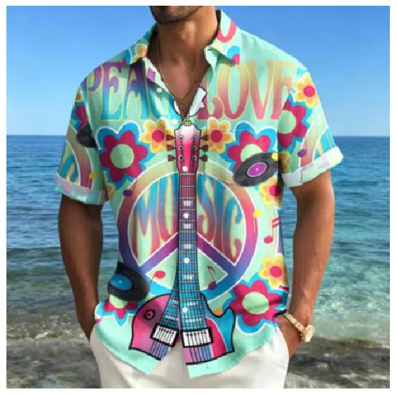 2026 Men's Short Sleeve Collar Guitar Hippie Top Shirt