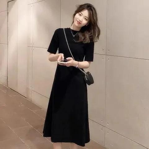 Black short-sleeved dress women's medium and long summer new student loose long over-the-knee thin a-word skirt